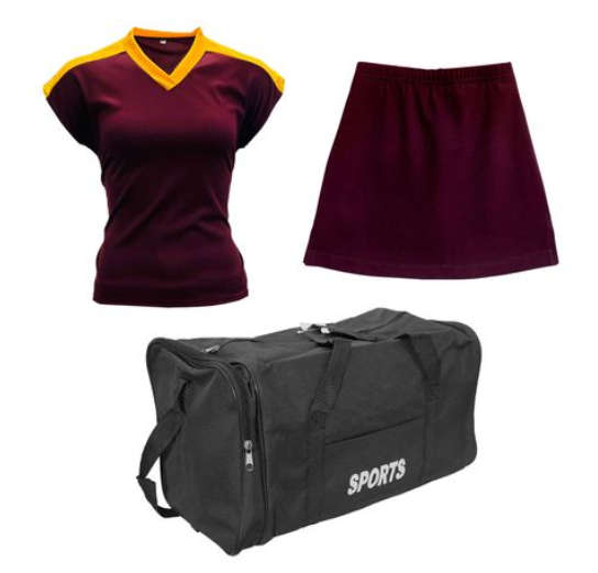 Netball Top/Skirt Kit Set for Women's Team of 10 - Maroon/Yellow &amp; Bag