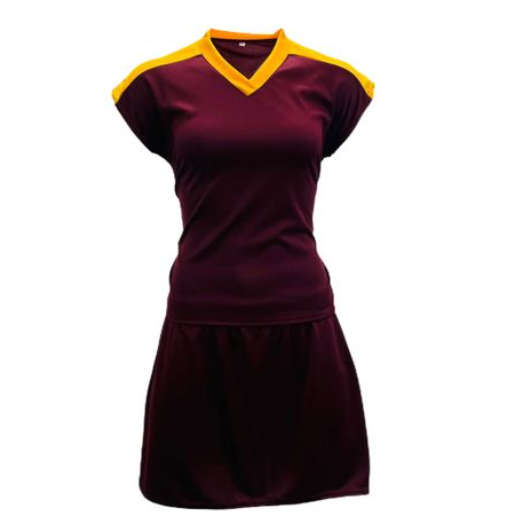 Netball Top/Skirt Kit Set for Women's Team of 10 - Maroon/Yellow &amp; Bag
