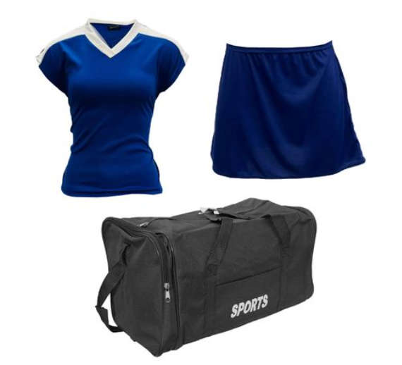 Netball Top/Skirt Kit Set for Women's Team of 10 - Royal Blue/White &amp; Bag
