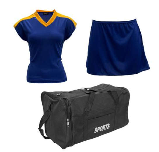 Netball Top/Skirt Kit Set for Women's Team of 10 - Royal Blue/Yellow &amp; Bag