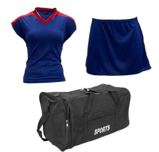 Netball Top/Skirt Kit Set for Women's Team of 10 - Royal Blue/Red &amp; Bag