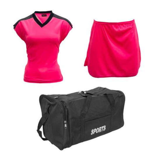 Netball Top/Skirt Kit Set for Women's Team of 10 - Neon Pink/Black &amp; Bag
