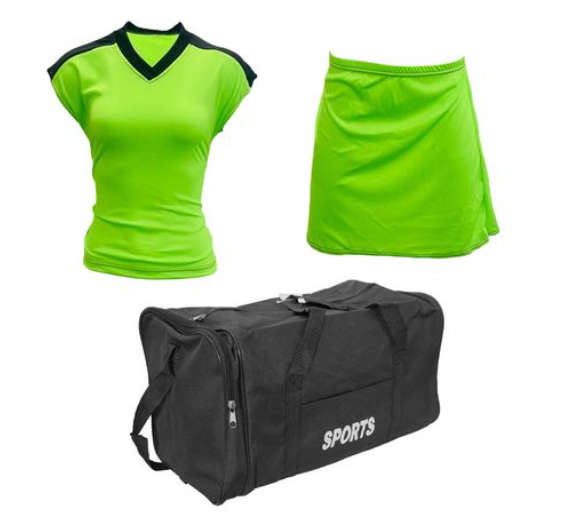 Netball Top/Skirt Kit Set for Women's Team of 10 - Neon Green &amp; Bag