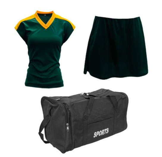 Netball Top/Skirt Kit Set for Women's Team of 10 - Dark Green/Yellow &amp; Bag
