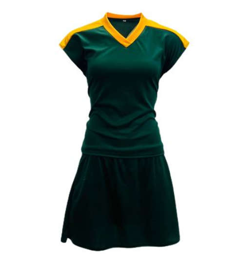 Netball Top/Skirt Kit Set for Women's Team of 10 - Dark Green/Yellow &amp; Bag