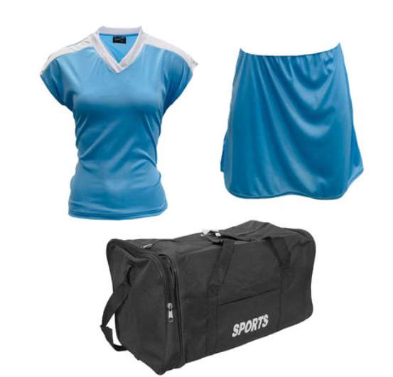 Netball Top/Skirt Kit Set for Women's Team of 10 - Sky Blue/White &amp; Bag