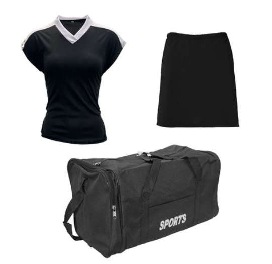 Netball Top/Skirt Kit Set for Women's Team of 10 - Black/White and Bag