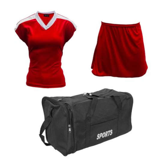 Netball Top/Skirt Kit Set for Women's Team of 10 - Red/White and Bag