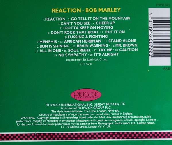Bob Marley  Reaction Import CD (Remastered)