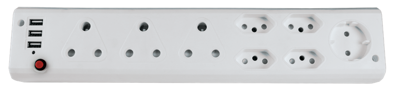 Multiplug 3x 16A Sa & 4x Euro & 1x Schuck Extender C/W 3x USB 1A