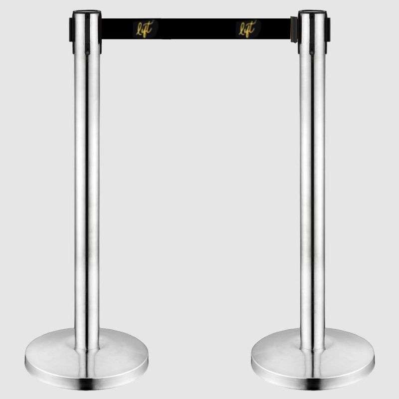 Queue Barrier-Silver Pole With 2M Retractable Black Belt Domed Base Design
