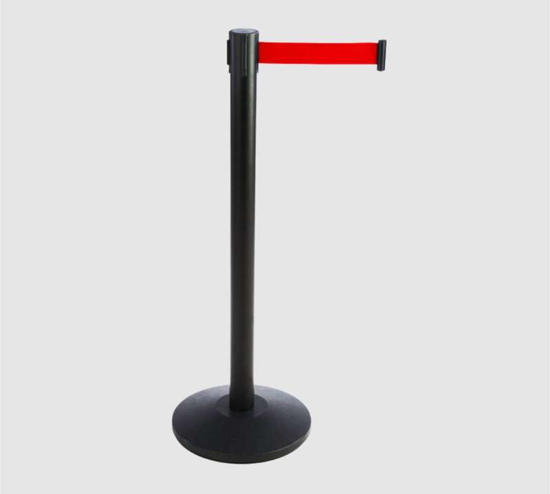 Queue Barrier-Black Pole With 2M Retractable Red Belt Domed Base Design