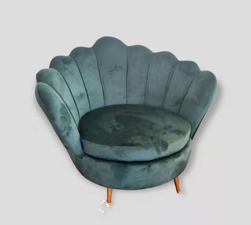 Scalloped Design Sofa With Velvet Emerald Green Finish and Brass Metal Legs