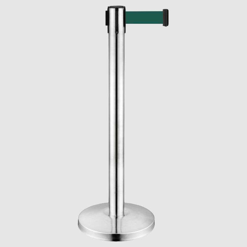 Queue Barrier- Silver Pole With 2M Retractable Dark Green Belt Domed Base Design