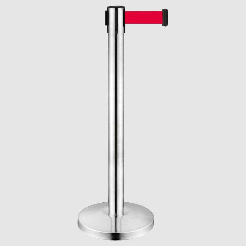 Queue Barrier-Silver Pole With 2M Retractable Red Belt Domed Base Design
