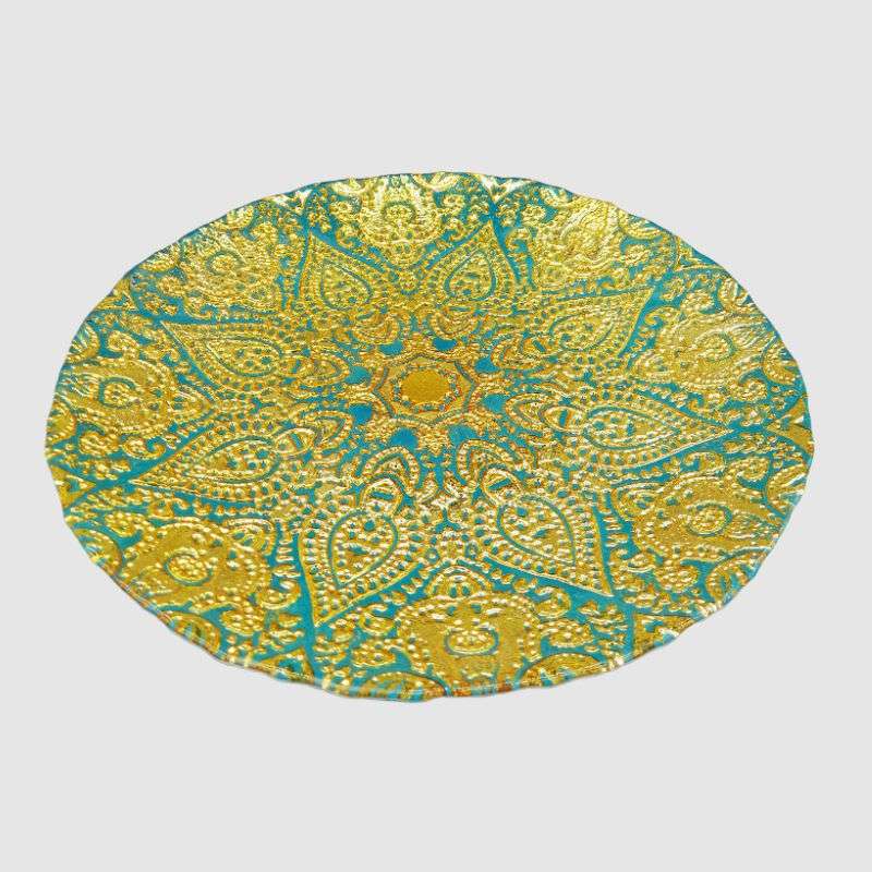 Glass Underplate With Pattern Gold & Green 33CM