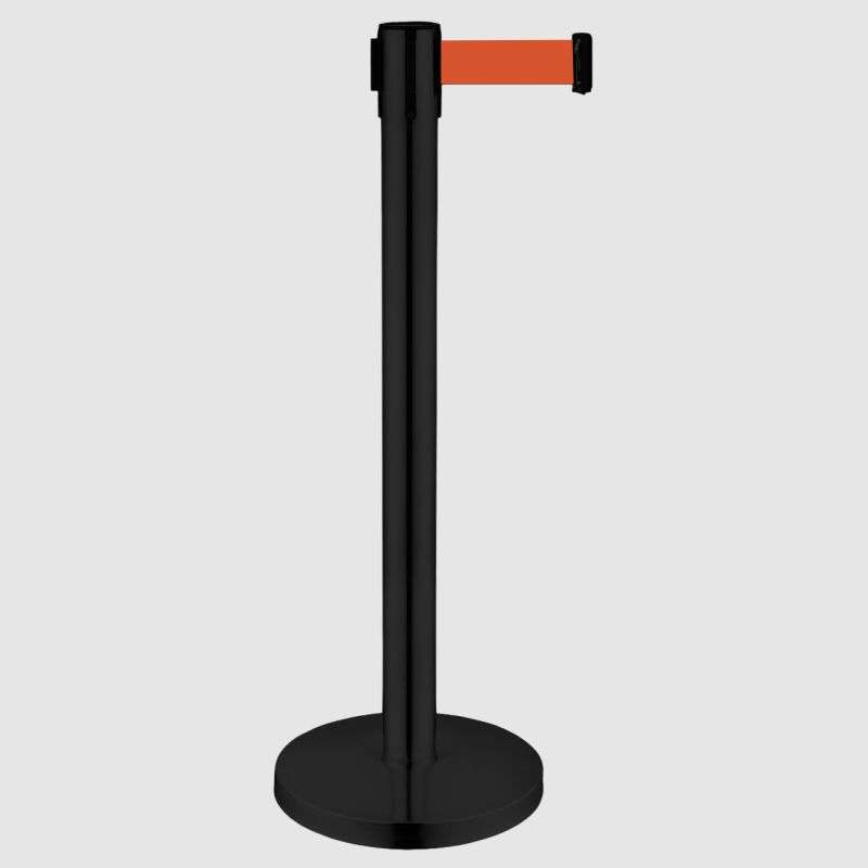 Queue Barrier- Black Pole With 2M Retractable Orange Belt Domed Base Design