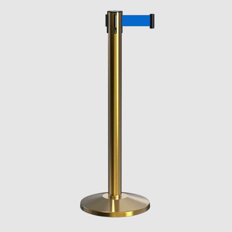 Queue Barrier-Gold Pole With 2M Retractable Light Blue Belt Domed Base Design