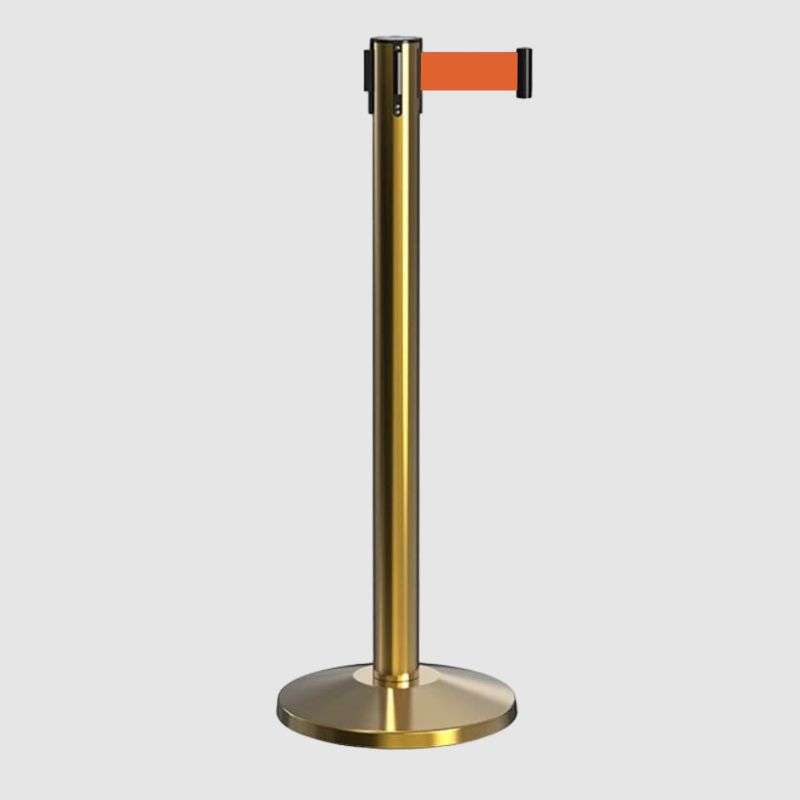 Queue Barrier-Gold Pole With 2M Retractable Orange Belt Domed Base Design