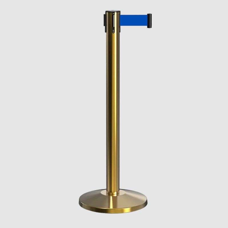 Queue Barrier-Gold Pole With 2M Retractable Royal Blue Belt Domed Base Design