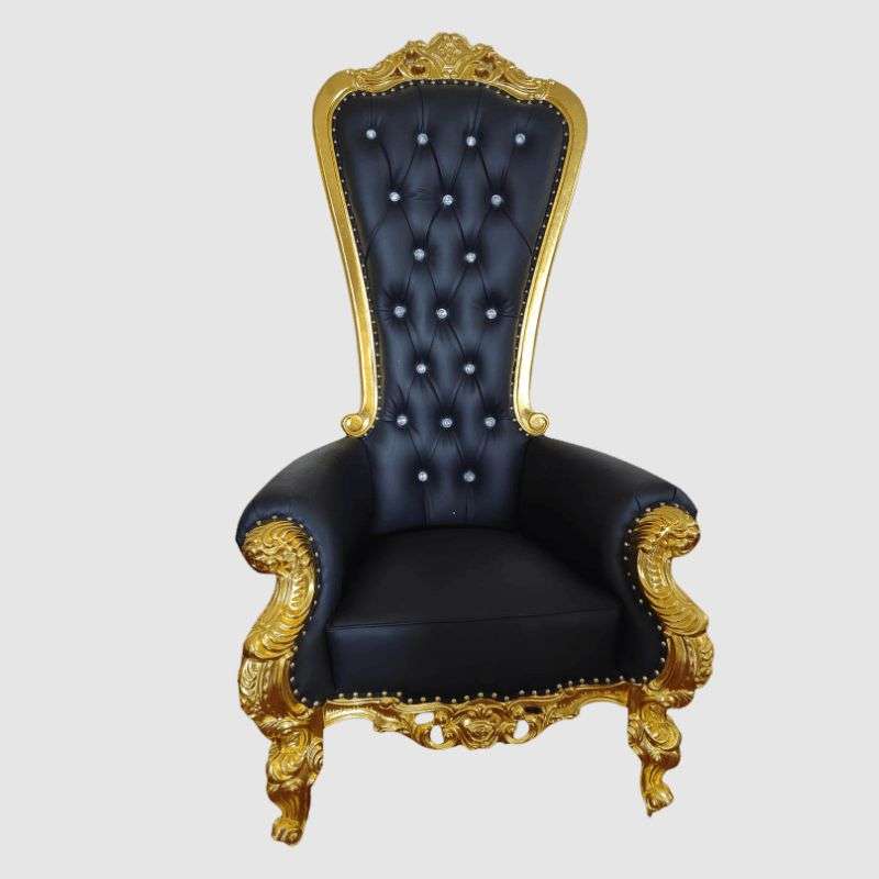 High Back Royal Throne Chair Gold Frame & Black PU Finish