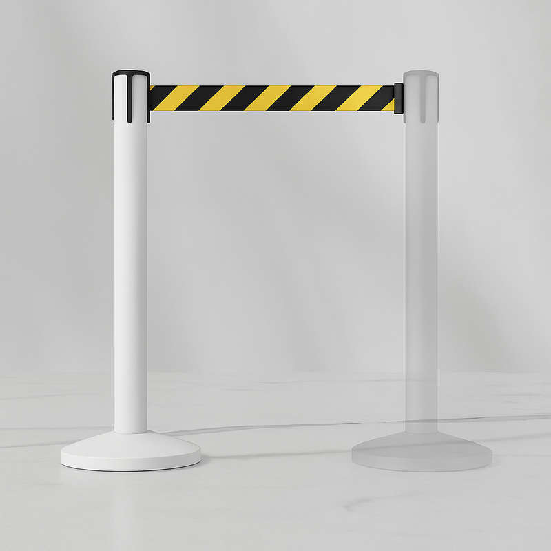 Queue Barrier-White Pole With 2M Retractable White Belt Domed Base Design