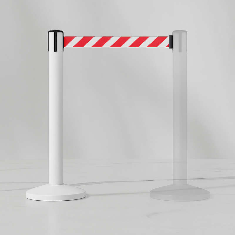 Queue Barrier-White Pole With 2M Retractable White Belt Domed Base Design