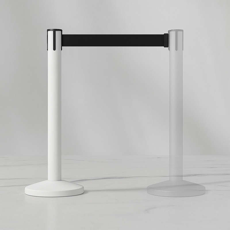 Queue Barrier-White Pole With 2M Retractable White Belt Domed Base Design