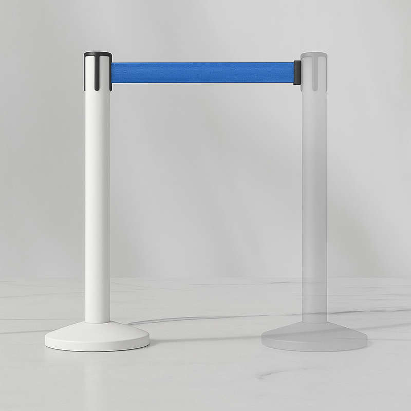 Queue Barrier-White Pole With 2M Retractable White Belt Domed Base Design
