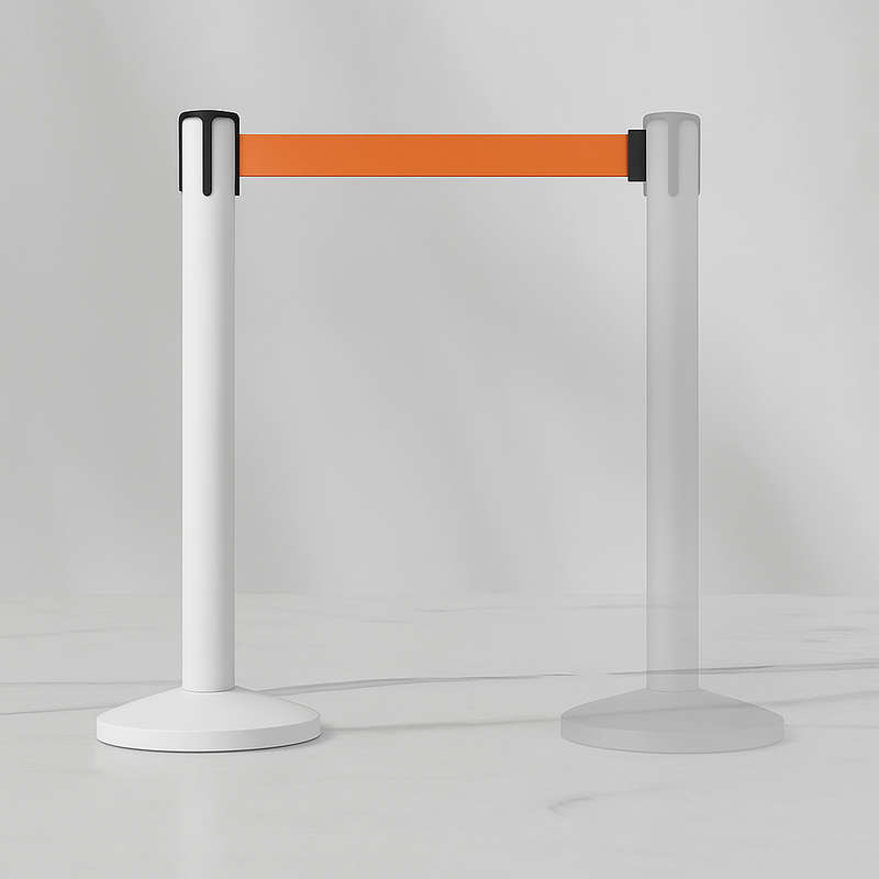 Queue Barrier-White Pole With 2M Retractable White Belt Domed Base Design