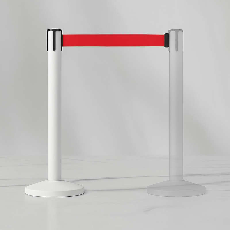 Queue Barrier-White Pole With 2M Retractable White Belt Domed Base Design