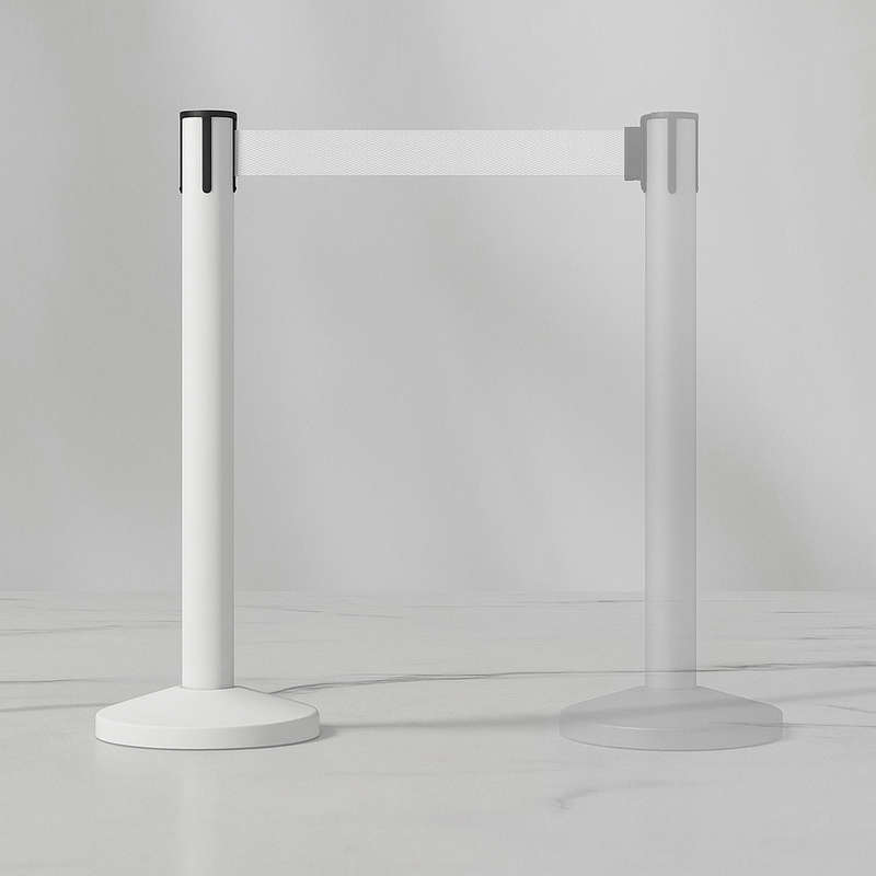 Queue Barrier-White Pole With 2M Retractable White Belt Domed Base Design