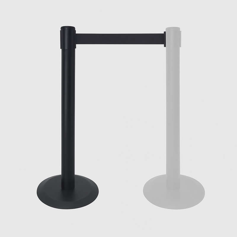 Black Flat Casted Iron Heavy Base Queue Barrier With 3m Black Retractable Belt