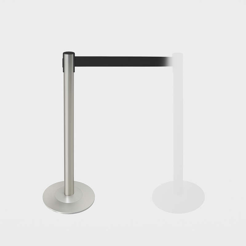 Brushed Silver Flat Casted Iron Heavy Base Queue Barrier With 3m Black Retractable Belt