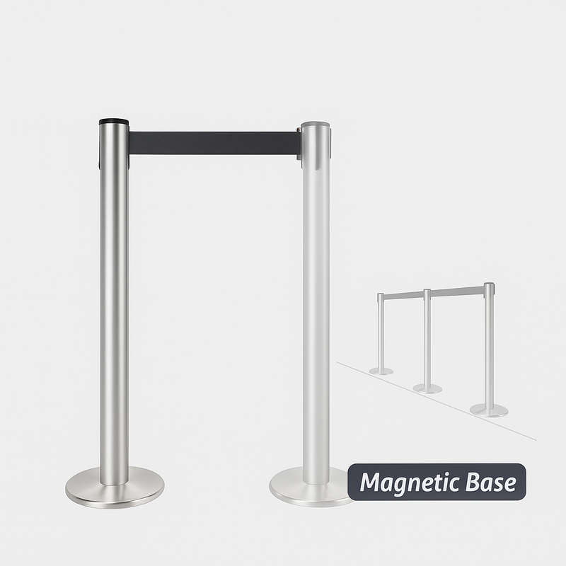 Magnetic Base Brushed Silver Queue Barrier With 3m Black Retractable Belt
