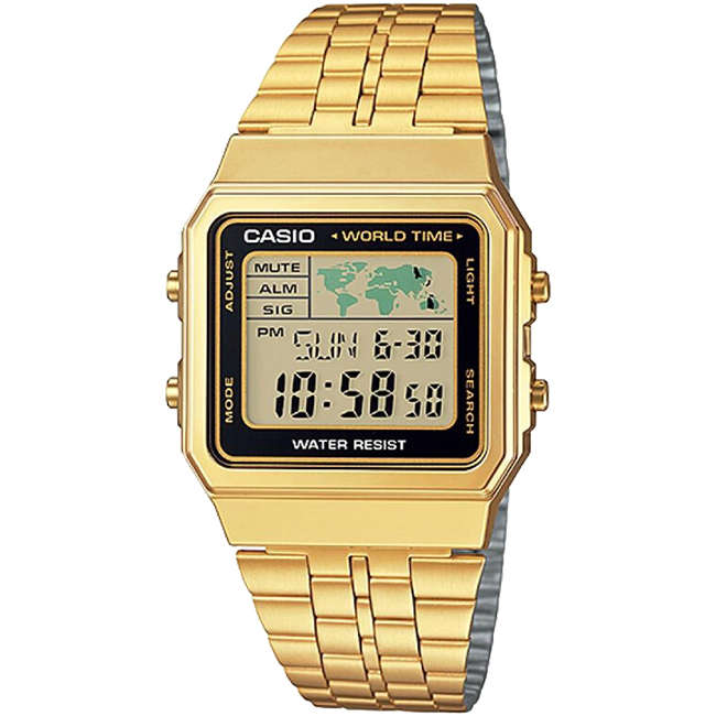 Retro World Time Gold Digital Wrist Watch, A500WGA