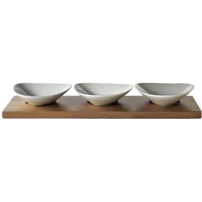 Just White 3 Mini Dishes On Acacia Serving Tray