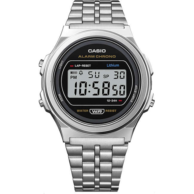 Retro Unisex Round Silver Digital Wrist Watch, A171WE-1ADF