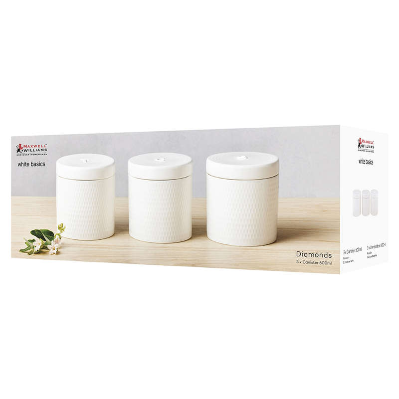 White Basics Diamonds Set Of 3 Canisters, 600ml