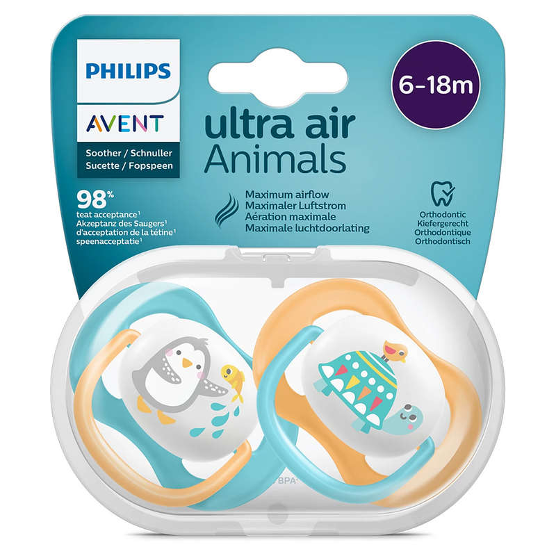 Set Of 2 Ultra Air Pacifiers, Penguin & Turtle (6-18m)