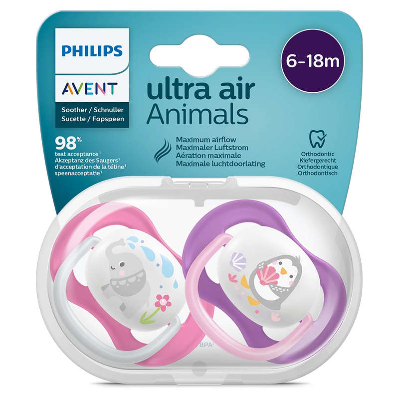 Set Of 2 Ultra Air Pacifiers, Penguin & Elephant (6-18m)