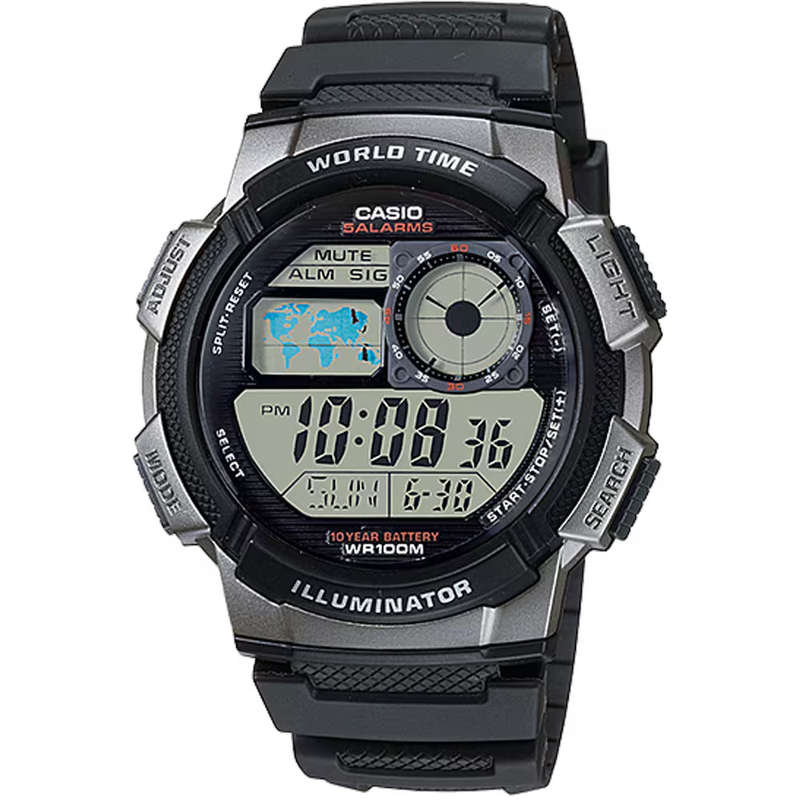 Standard World Time 100m Mens Digital Wrist Watch, AE-1000W