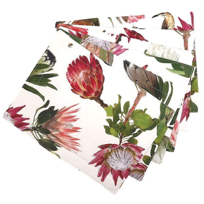 Cape Sugarbird Protea White Placemats, Set Of 6