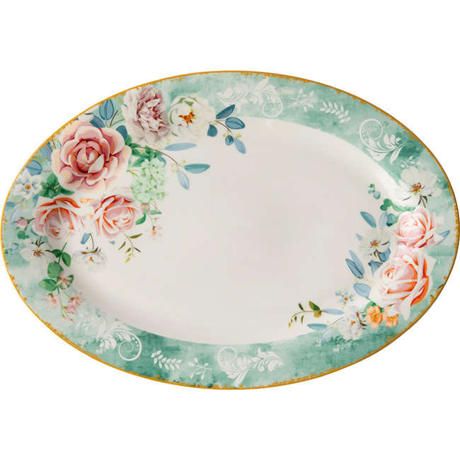 Green Floral Oval Platter