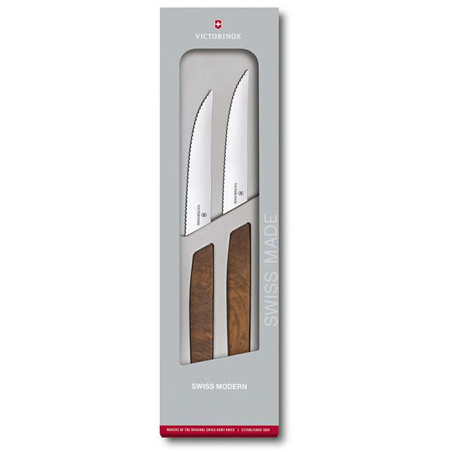 Swiss Modern Serrated Steak Knife Set With Walnut Wood Handles