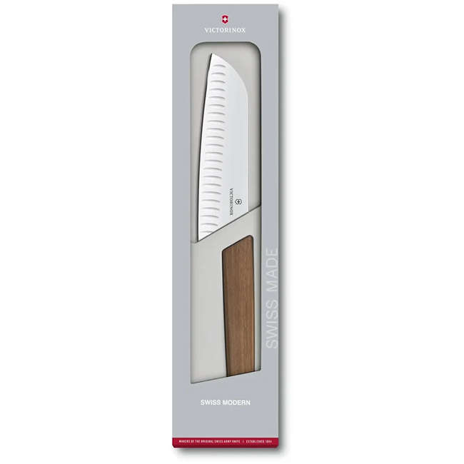 Swiss Modern Fluted Santoku Knife With Walnut Wood Handle, 17cm