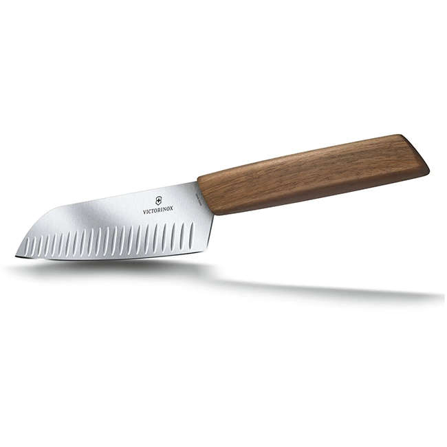 Swiss Modern Fluted Santoku Knife With Walnut Wood Handle, 17cm
