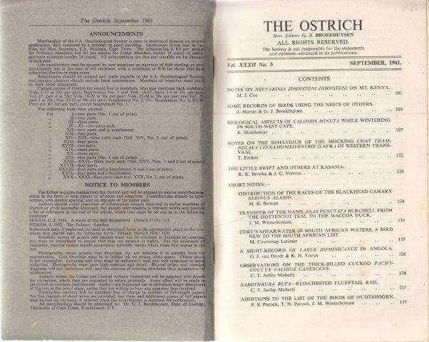 The Ostrich Vol. XXXII No.3 September 1961 The Medium Of Records Of The South African Ornithological