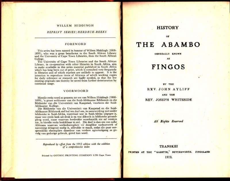 History of the Abambo Generally Known as Fingos (Willem Hiddingh Reprint Series number 17)