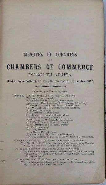 Minutes of Congress of Chamber of Commerce of South Africa 1892-1917